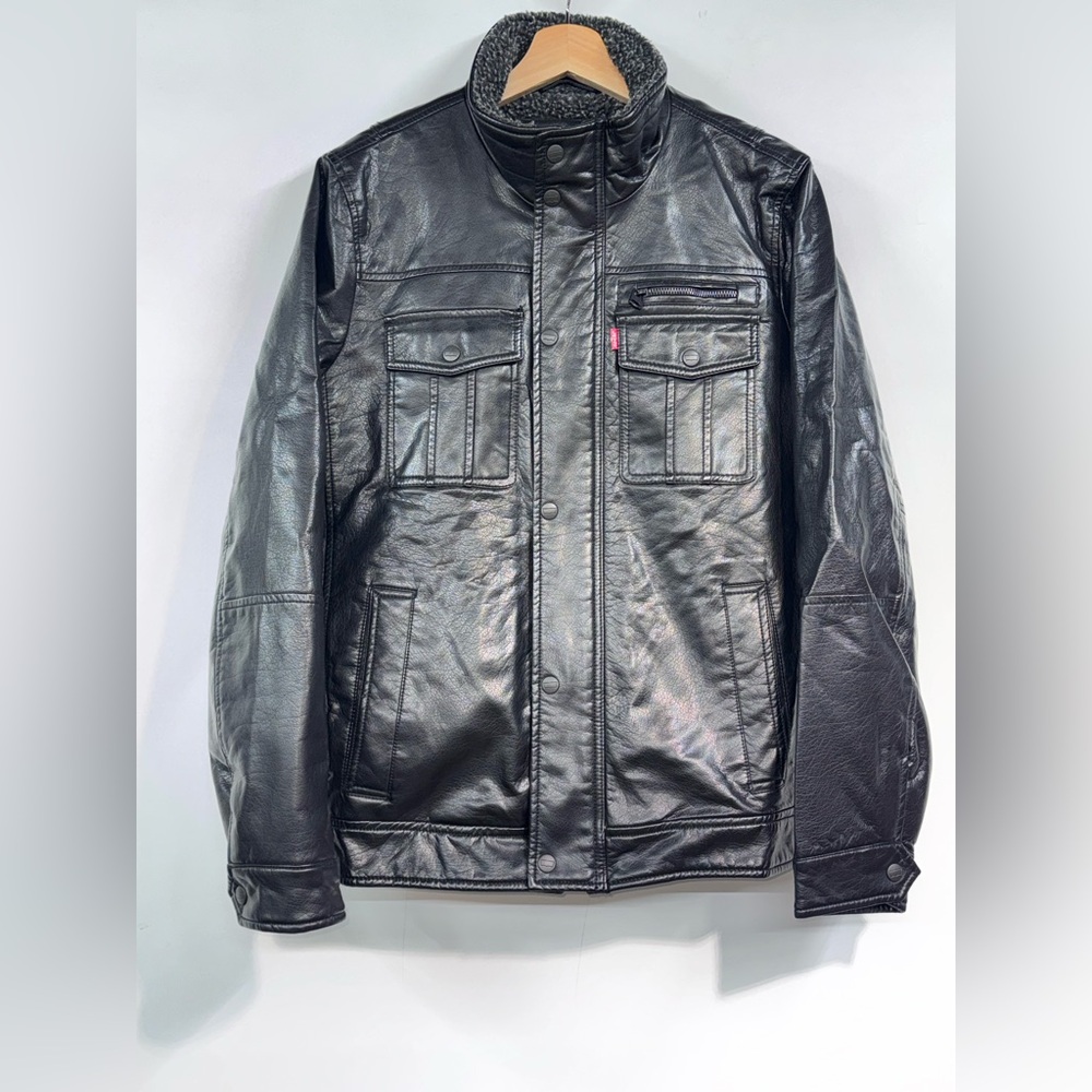 Levi's Men's Faux Leather Sherpa Aviator Bomber Jacket Size Small Black Full Zip